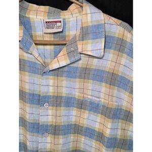 Platinum FUBU Vintage Mens XXL Plaid Button Down Short‎ Sleeve Shirt Blue Yellow